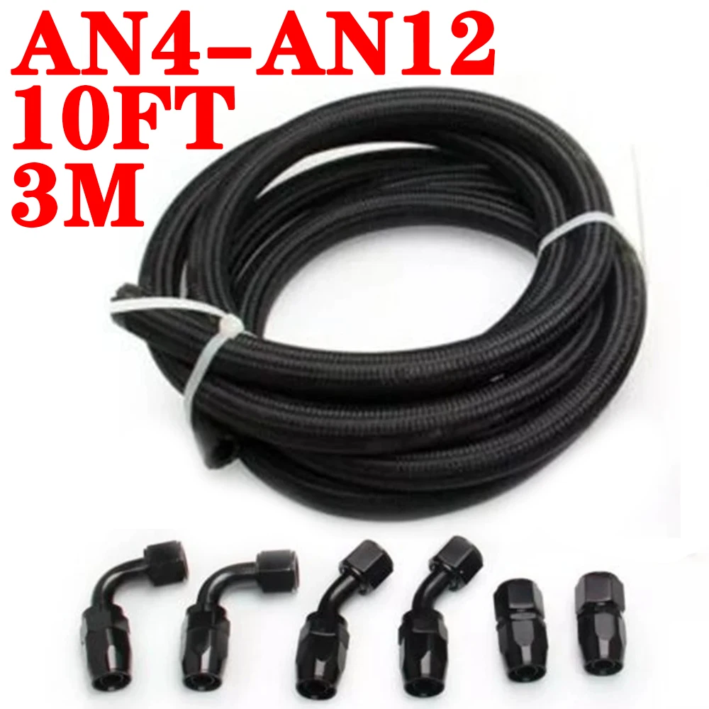 

3M 10FT Black Braided Oil Fuel Fittings Hose End Oil Adaptor Kit Oil Fuel Hose Line With Clamps AN4 AN6 AN8 AN10 AN12