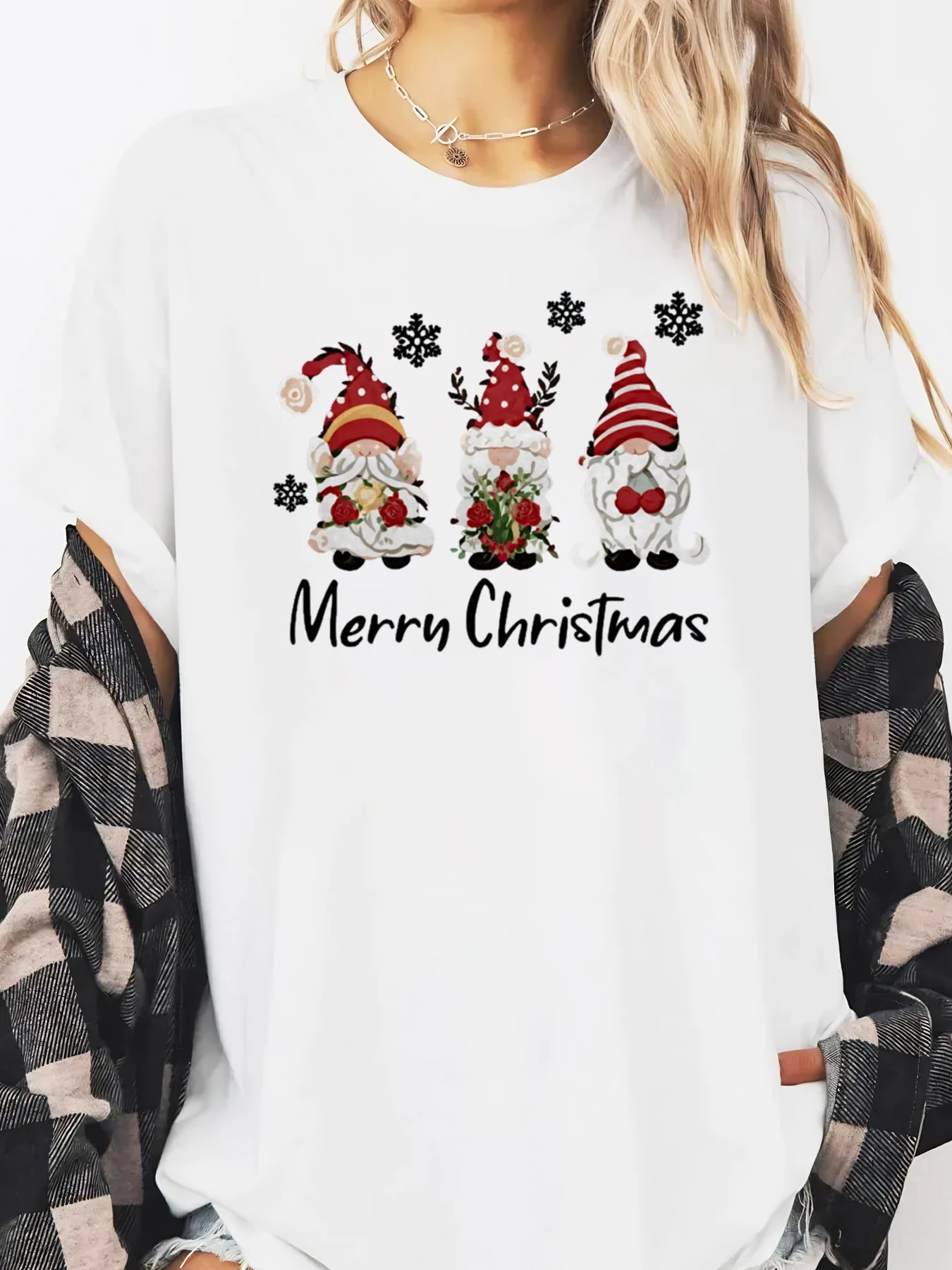 

Рождественские гномы с рождественским принтом, футболка с длинными рукавами, женская повседневная праздничная одежда, белая, больших размеров