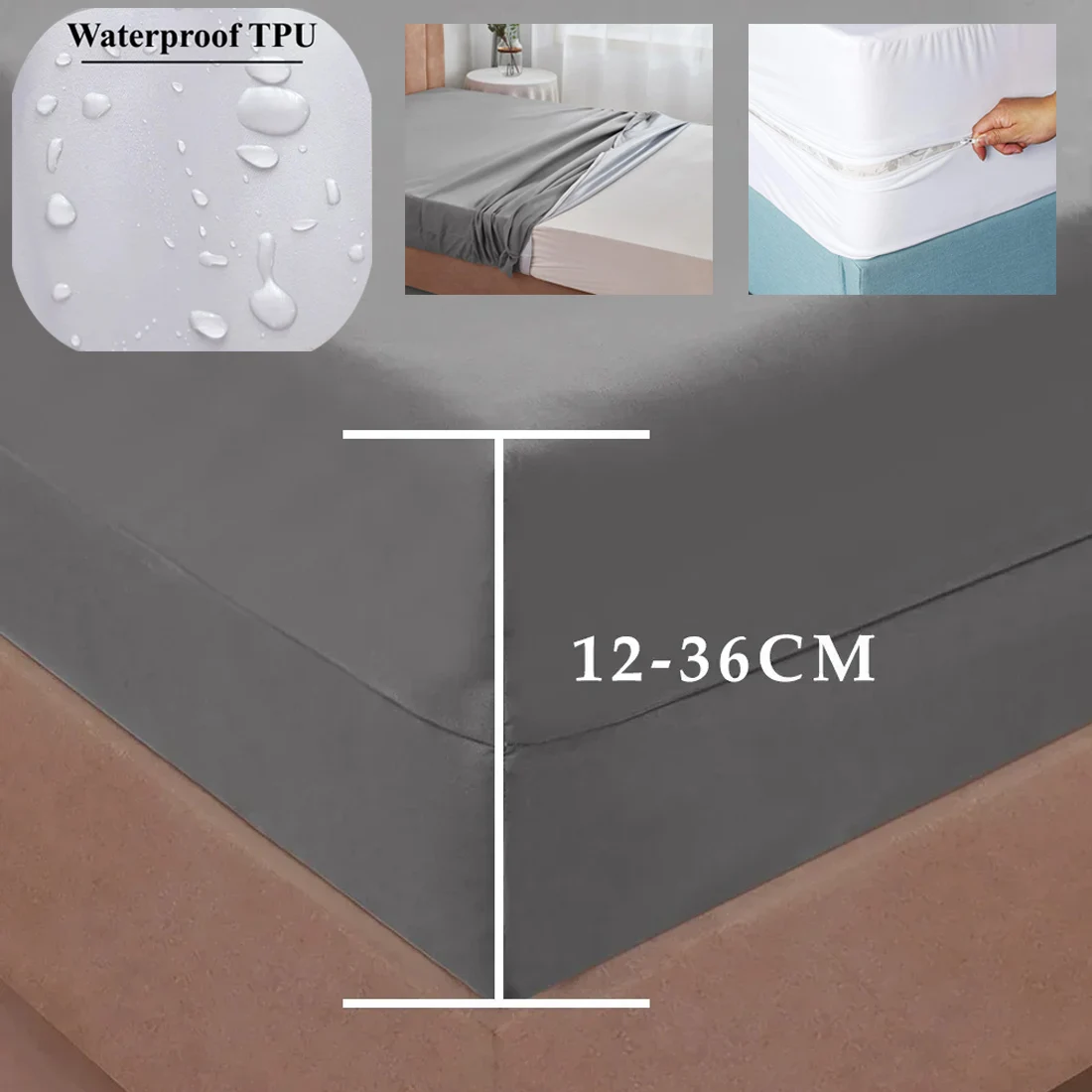 

6-Sides Fully Enclosed Waterproof Mattress Cover with Zipper Dust-proof Fitted Sheet for Double Bed, Twin, Full, Queen, King 1PC