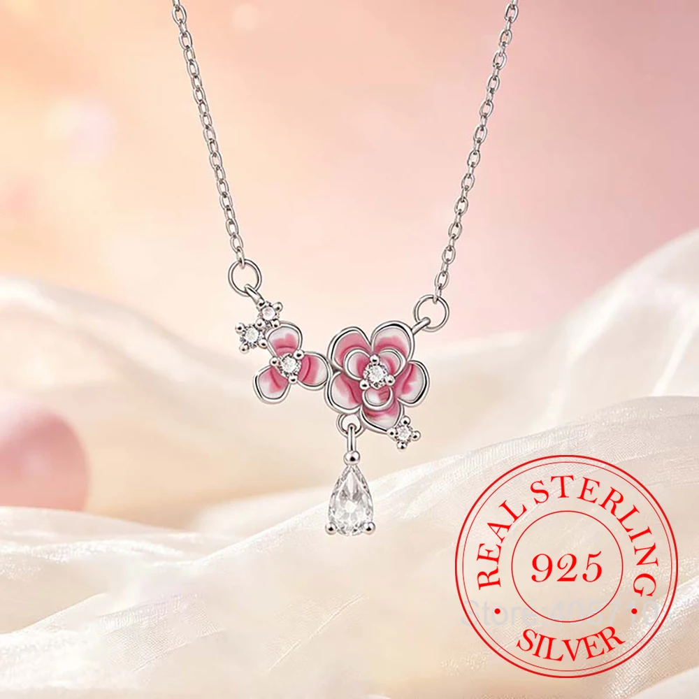 925 Sterling Silver Jewelry Luxury Crystal Enamel Flower Tassel Necklace Pendant for Women Wedding Party Jewelry For Friend Gift