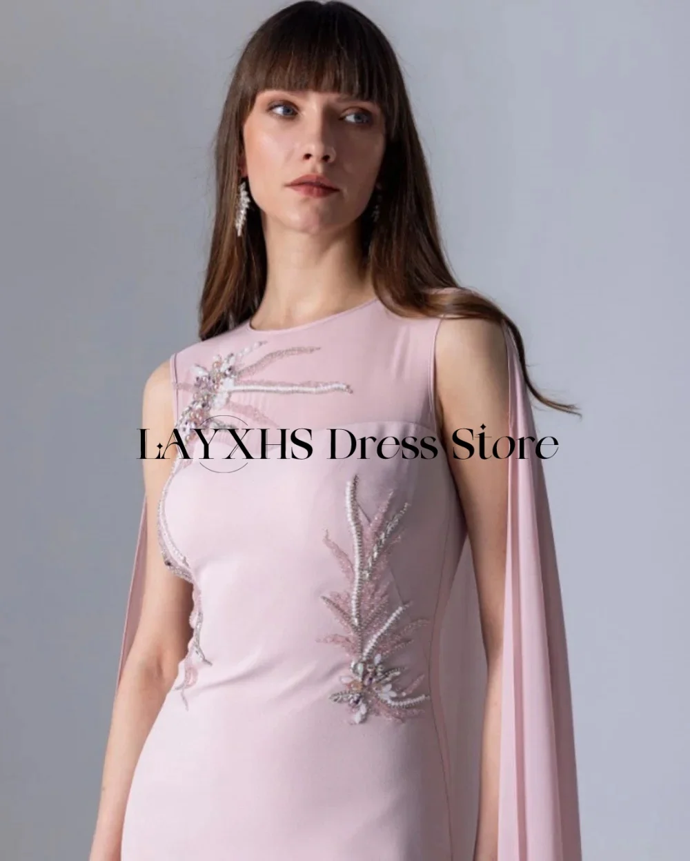 LAYXHS Elegante Abendkleider mit O-Ausschnitt, Meerjungfrau, ärmellos, mit Perlen besetzt, mit Schal, Ballkleider, individuell gestaltet