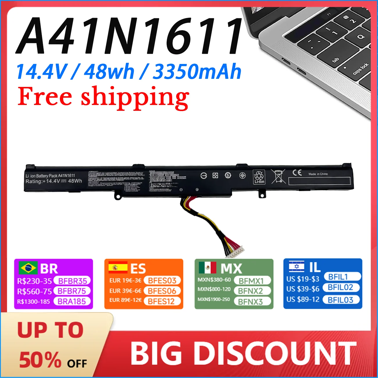 A41N1611 Laptop Battery for ASUS FX53V FX53VD ZX53VB ZX53VW ZX53VD ZX73V FZ53V FZ53VD GL553V GL553VE GL553VD GL553VW 48WH