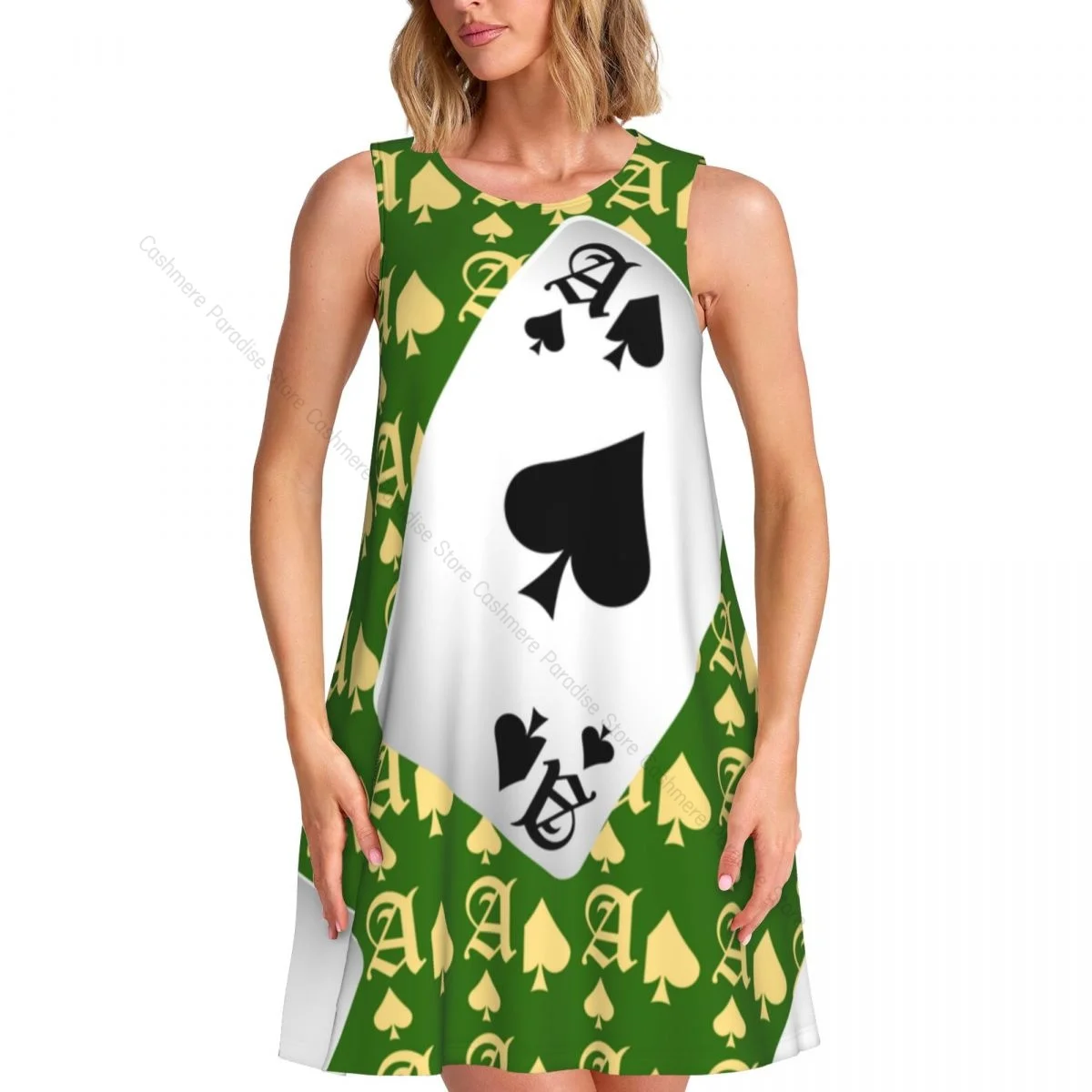 فستان نسائي بطاقات لعب البوكر صيفي كاجوال تي شيرت فساتين شاطئ تغطي فستان بدون أكمام
