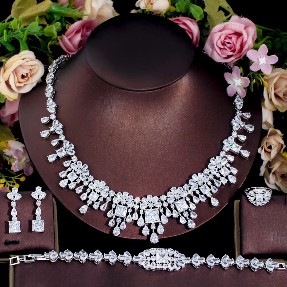 CWWZircons 4pcs Dubai Cubic Zirconia Paved Flower Fringed Expensive Luxury Chunky Wedding Bridal Jewelry Sets for Women T667