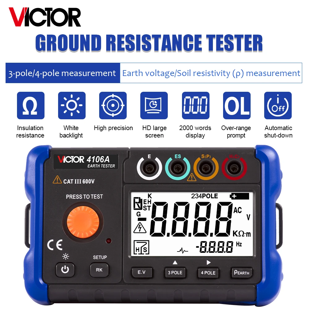 4106 Portable Digital Earth Resistance Tester 2/3/4-Pole Method Soil Resistivity Ground Resistance Measurement Tester