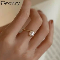 Foxanry Gold Color Pearl Bamboo Cuff Rings For Women Girls Fashion Creative Elegant Sweet Exquisite Wedding Bride Jewelry Gifts