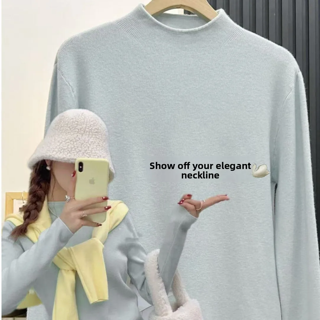 

Comfortable Long Sve Knitted Sweater Women's Autumn Winter Slim Fit Inner irt Milk Blue Small Stand Collar Easy to Wear
