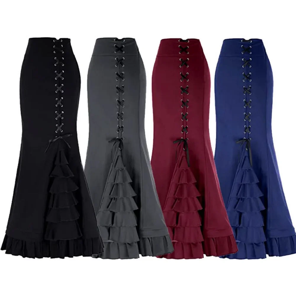 Victorian Steampunk Medieva Women's Skirt Gothic Costume Vintage Disguise Lace-Up Ruffled Fishtail Skirt Mermaid Long Dresses