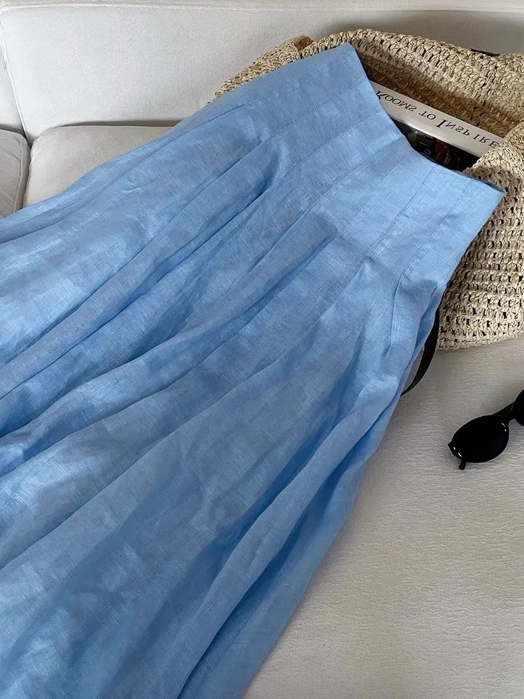 

Синяя хлопковая льняная юбка, женская летняя тонкая дышащая юбка-миди, большая льняная юбка-зонтик с изображением Лев, Commute Sle