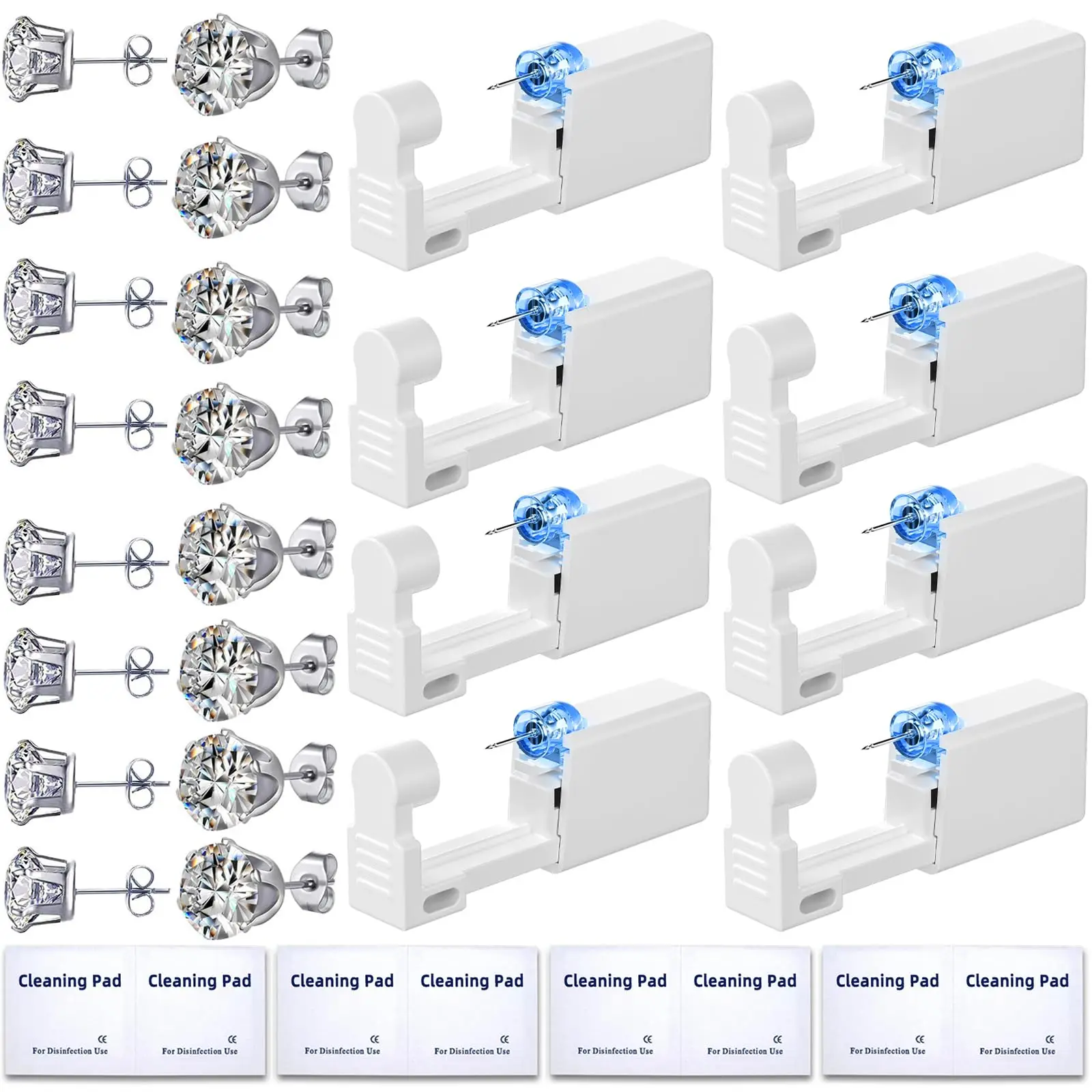 24 Pcs Ear Piercing Kit: Disposable Ear Piercing Gun Kit with 8 Guns, 8 Pcs Earrings Stud, 8 Pcs Cleaning Pads