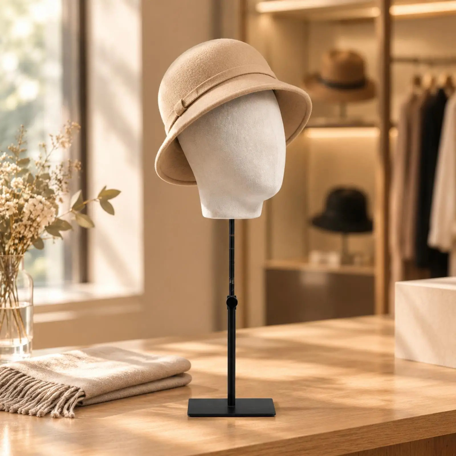 Hat Display Mannequin Head Stand Linen Form with Metal Support Pole for Boutique Accessory Showcase Adjustable Design