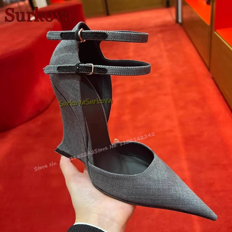 Black Suede Wedge Heels Pumps Pointed High Heels Buckle Strap Mary Jane Women'S Shoes Sexy Fashion Catwalk Designer High Heels