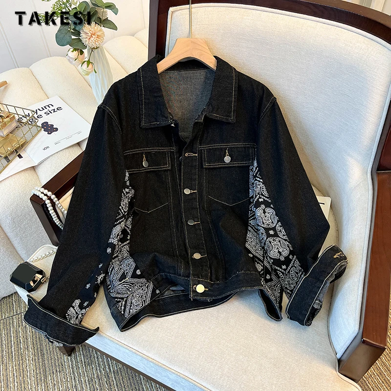 American Retro Style Baggy Casual Grunge Fashion Denim Jacket 2023 Autumn Winter Women High Street Black Vintage Loose Jean Coat