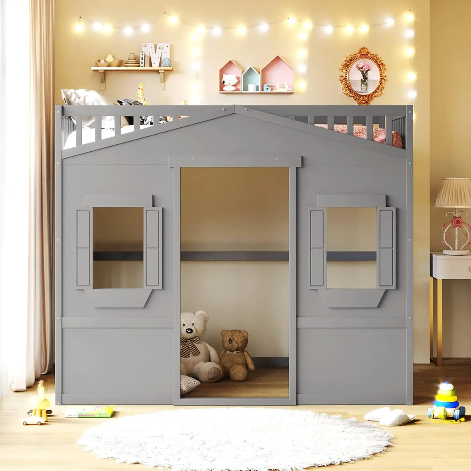 Harper & Bright Designs Full Size House Loft Bed For Kids, Wood Full Loft Bed With Door And Windows House Design, Playhouse Bed