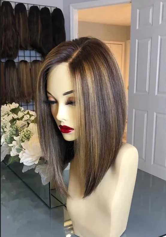 

Highlight Bob Wig Brown Colored Synthetic Hair Wigs Short Bob Ombre Straight Transparent T Part For Women