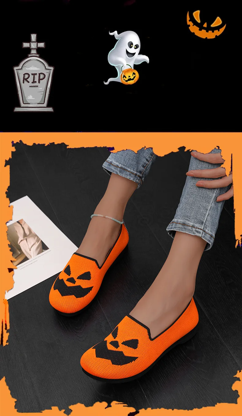 Damen-Halloween-Kürbisgesicht-Strickflachschuhe, atmungsaktive einteilige Slipper, leichte Freizeit-Party-Schuhe – Detail 4
