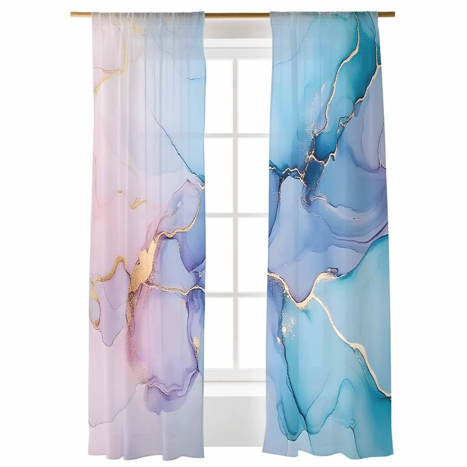 

Blue Gradient Marble Modern Texture Pattern Voile Sheer Printed Window Tulle Curtains for Home Living Room
