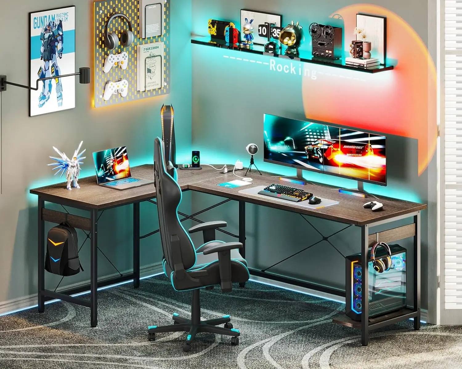 مكتب ألعاب على شكل حرف L مقاس 66 بوصة مع مخرج، مكتب على شكل حرف L مع حامل وحدة المعالجة المركزية، مكتب كمبيوتر زاوية، مكتب مكتب منزلي، مكتب كتابة، رمادي O