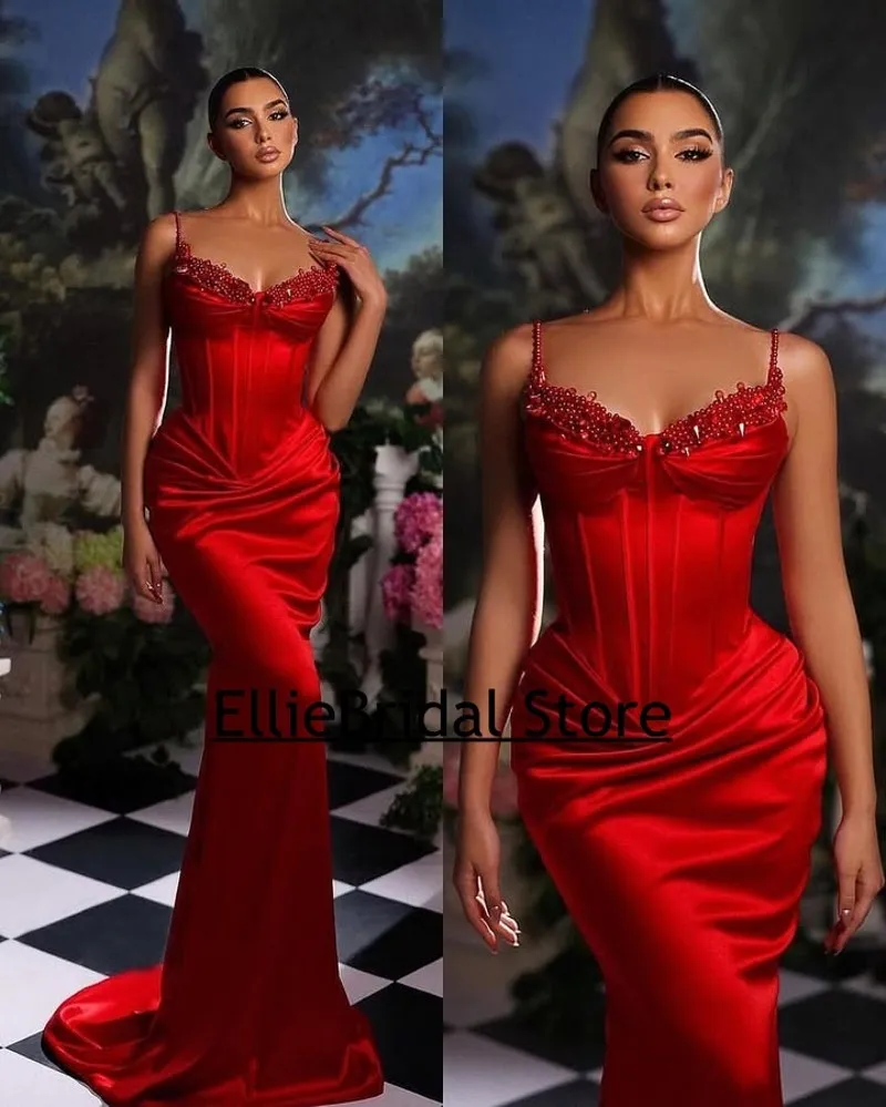 Elegant Red Evening Dresses For Women 2025 Beading Satin Wedding Party Dress Dubai Special Occasions Prom Gowns Customized