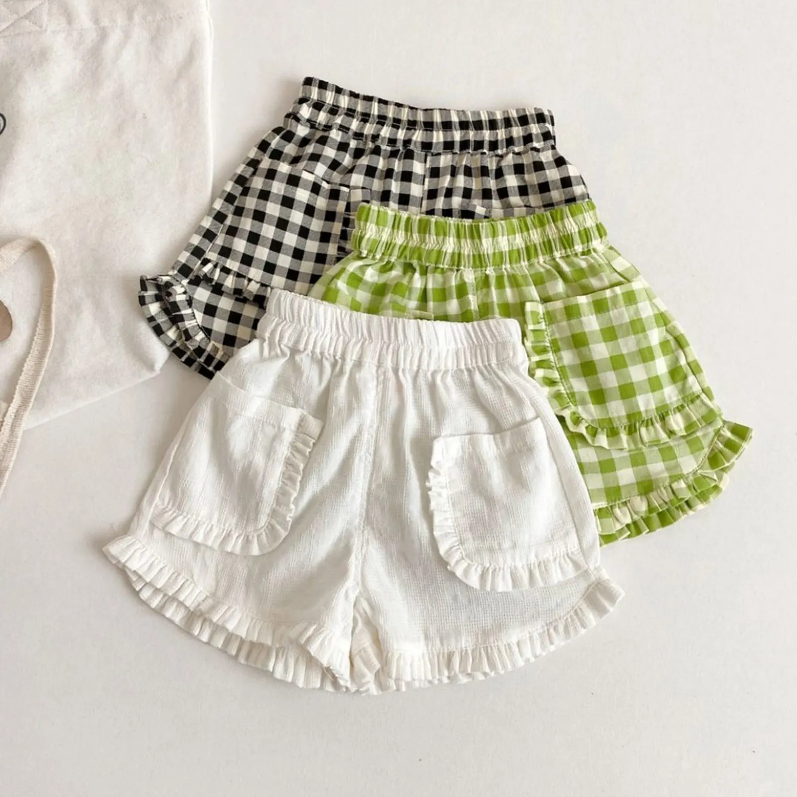 Little Girls Sweet Cotton Shorts Baby Kids Clothes Summer Casual Elastic Waistband Ruffled Gingham Bloomers Bottoms Daily Wear