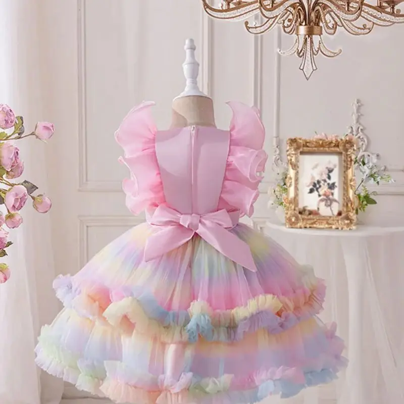 Sweet Baby Girl Rainbow Tulle Tutu Princess Dress For Toddler Kids Wedding Prom Party Birthday Baptism Formal Banquet Puffy Gown