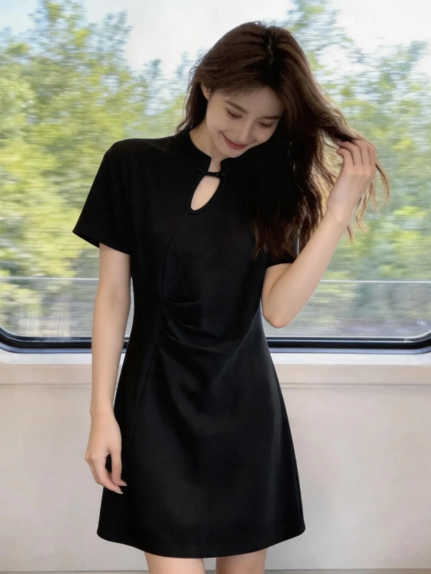 

New Chinese Style T-Shirt Dress Women's plus Size Slimming Design Sense Hollow out Midi Skirt Button Detail High Waist A-Line...