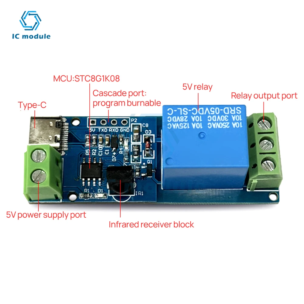 DC5V 1 Way Relay Module Infrared Remote Control Wireless Remote Control Support Self Locking Jog Mode Type-C