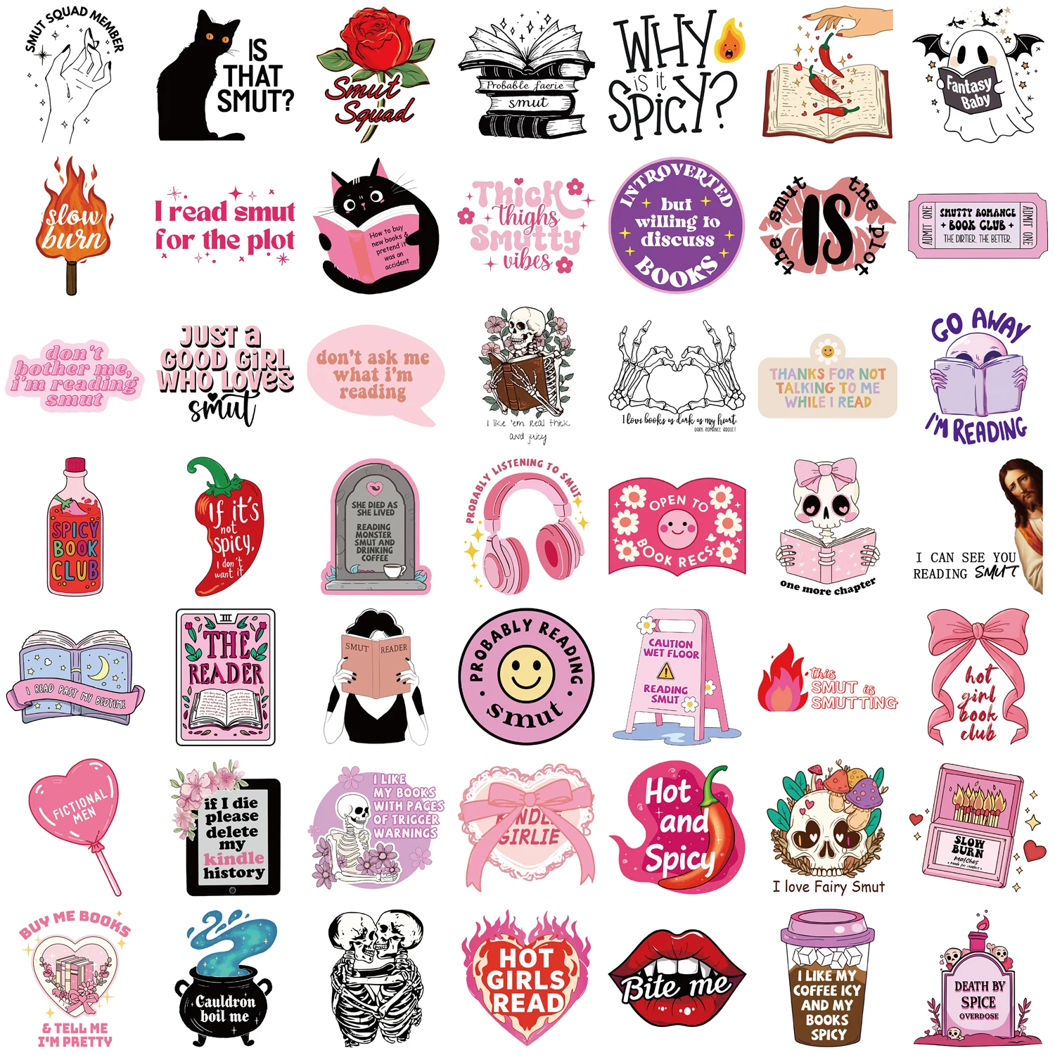 50PCS Pink Smut Bookish Reader Stickers for Computer Phone Laptop Diary Decor Sticker Pack Aesthetic Love Cute Girls Decals