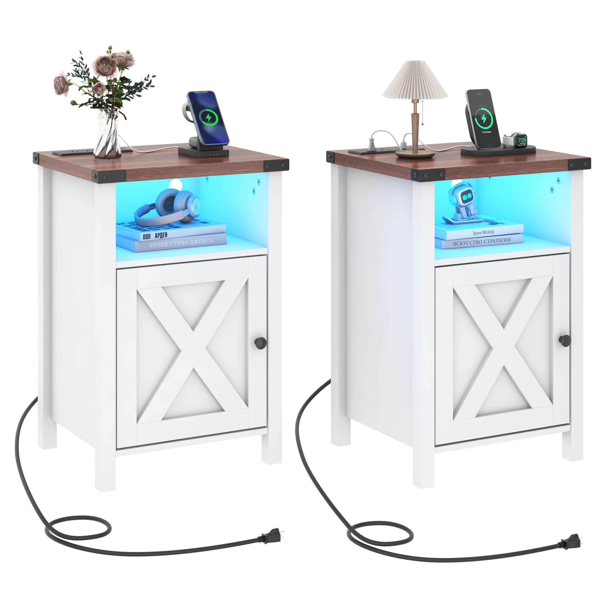 

Farmhouse Nightstand Set of 2 with Charging Station Bedside Table with Barn Door and Shelf Industrial Night Stand for Bedroom