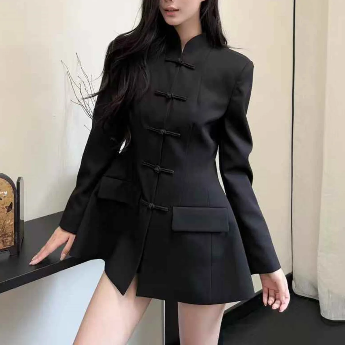 BJTZ Mode A-lijn Taille Blazer Jas Voor Vrouw 2025, Lente Herfst Nieuwe Single Breasted Stand Kraag Effen Kleur Vrouwelijke Kleding