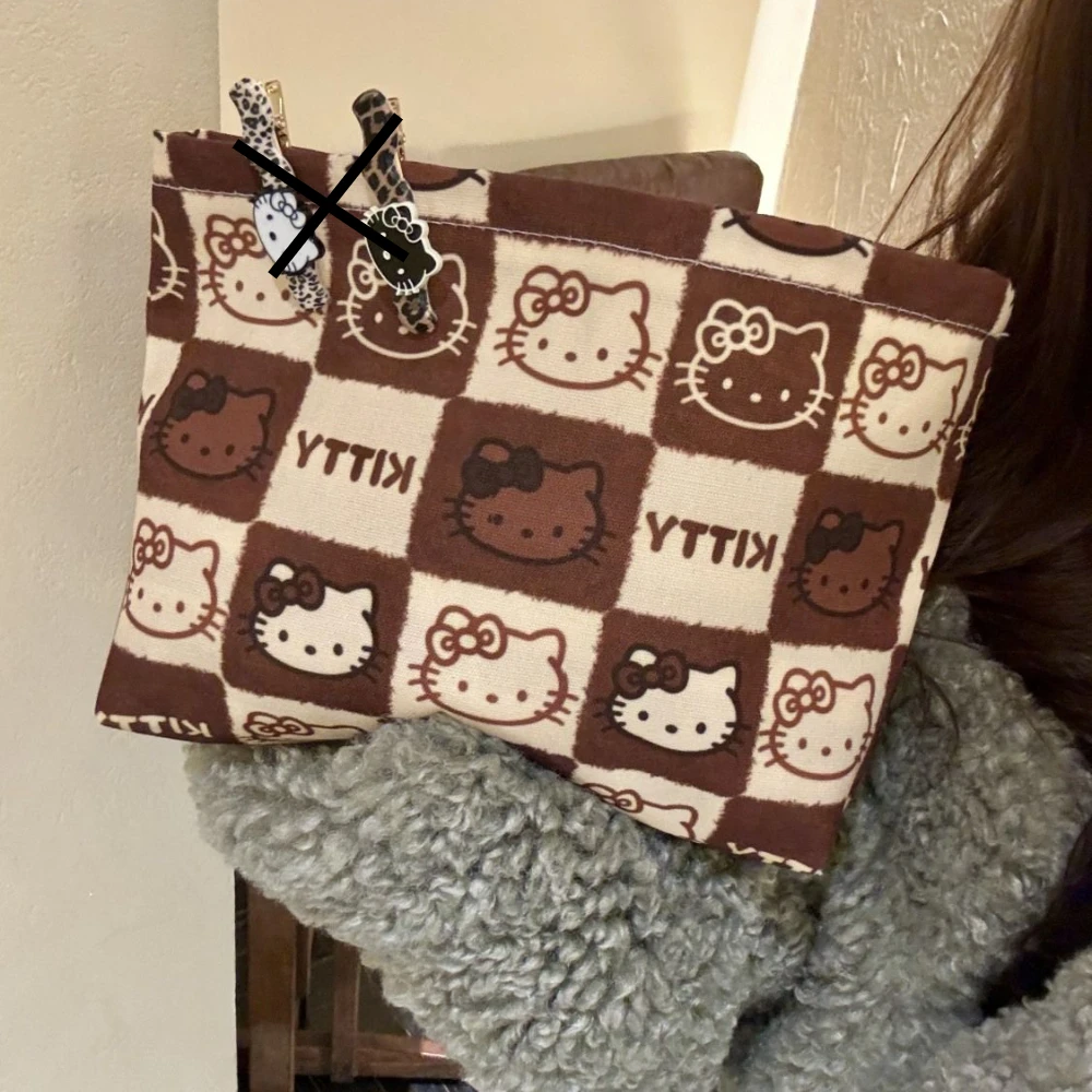 Olá kitty bolsa miniso dos desenhos animados marrom xadrez saco de maquiagem bonito impresso armazenamento portátil grande capacidade saco de armazenamento de viagem