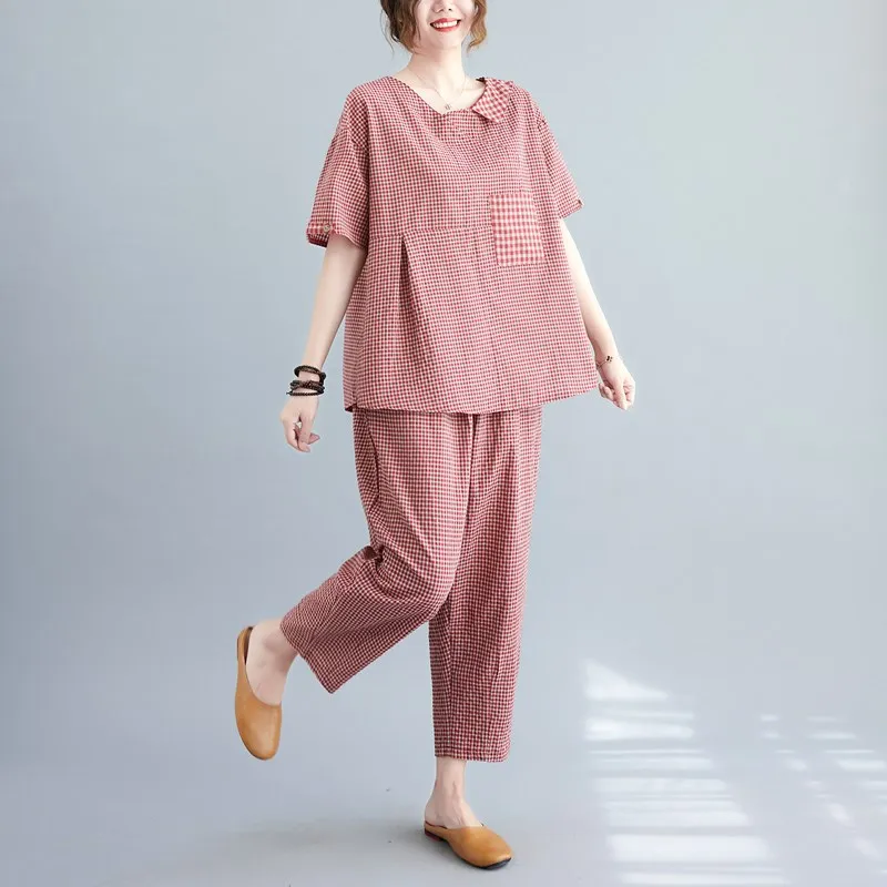 Modny zestaw z bawełny i lnu z elastyczną talią, spodnie typu harlan o długości 7/8, duży rozmiar, damski zestaw dwuczęściowy lub spódnica.