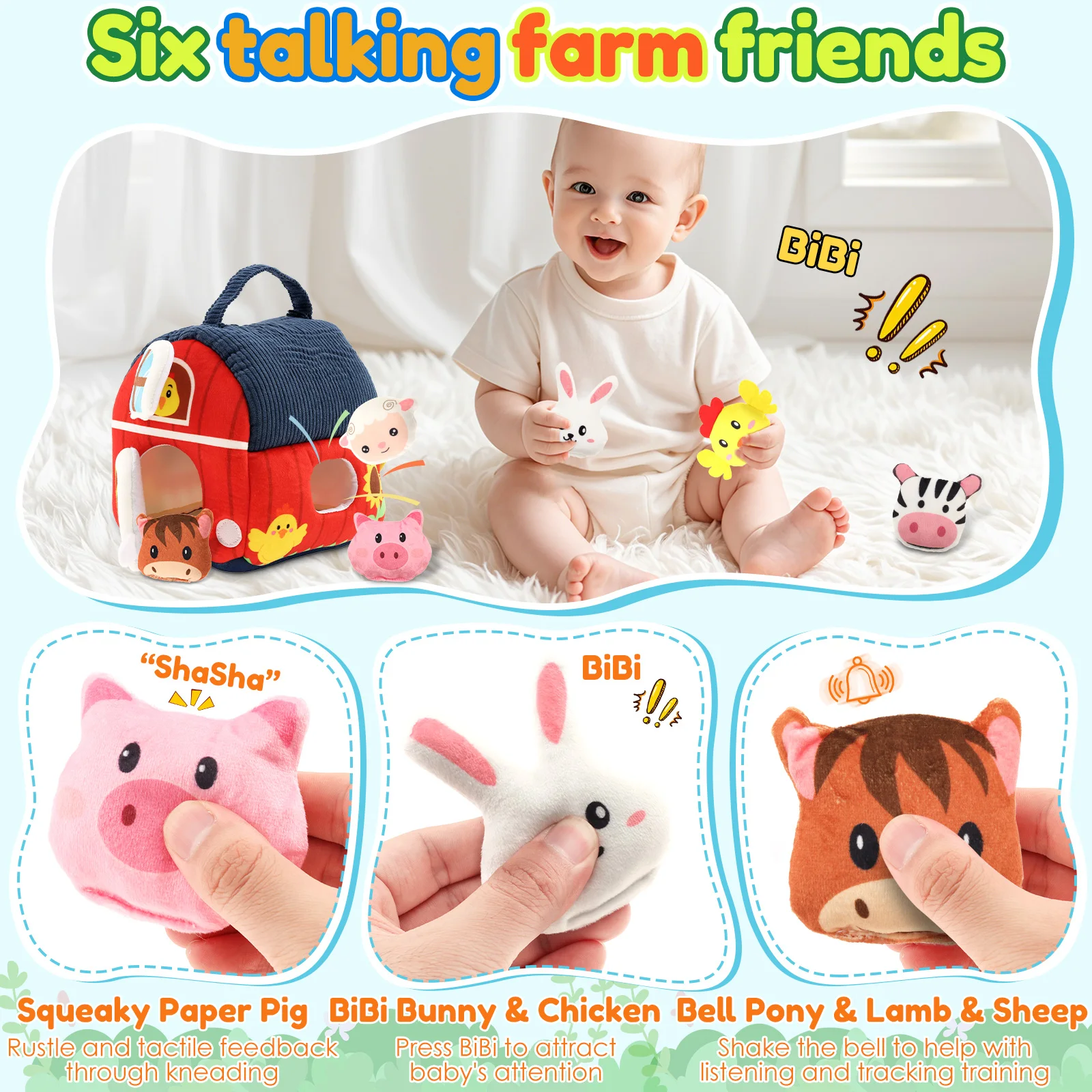 Baby Montessori Toys Portable Stuffed Farmhouse Animals Toy Educational Learning Activity Sensory Toys for Ages 6 Months and Up