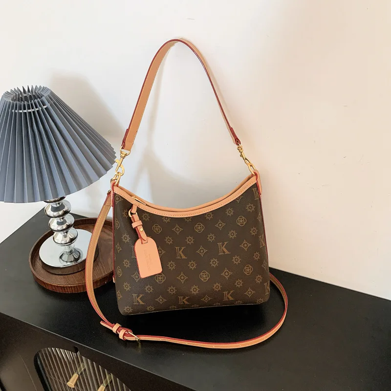 Retro Printed Hobo Bag for Women, Classic Monogram Shoulder Crossbody Bag, Casual Large Capacity Ladies Purse with Decorative Ta
