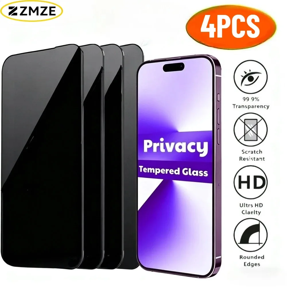 4er-Set Anti-Spionage Vollbild-Displayschutzfolie für iPhone 17/16/15/Pro Max Air/17e/16e Gehärtetes Glas für iPhone 14/13/12/11/Pro 15/14 Plus