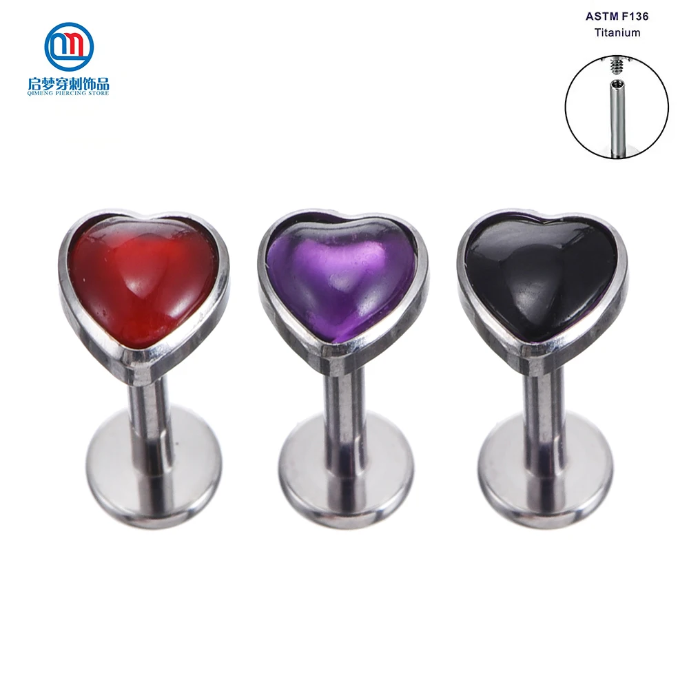 QM ASTM F136 Titanium Internally Threaded Heart Tops Labret Earrings Helix Cartilage Tragus Body Jewelry