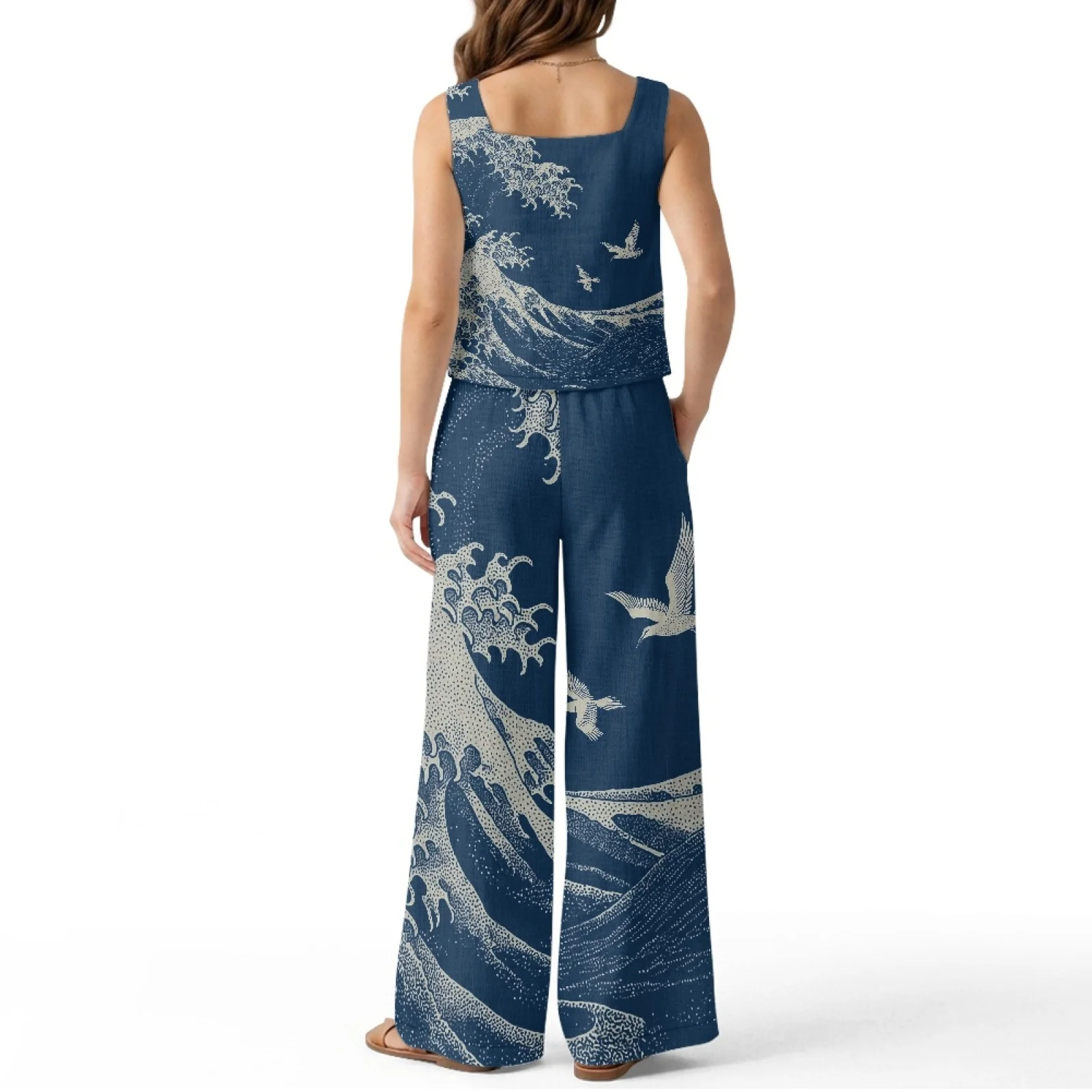 INSTANTARTS Women’s Linen Vest Set Women’s Wide-leg Trousers Lightweight Breathable Soft Comfortable Quick-dry Outfits Waves view 2