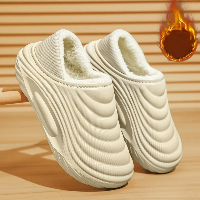 Men's Autumn and Winter Cotton Shoes with Eva Integrated Wave-Shaped Thick Sole, Fleece-Lined and Thickened for Warmth Retention, Non-Slip, Suitable for Indoor and Outdoor Use