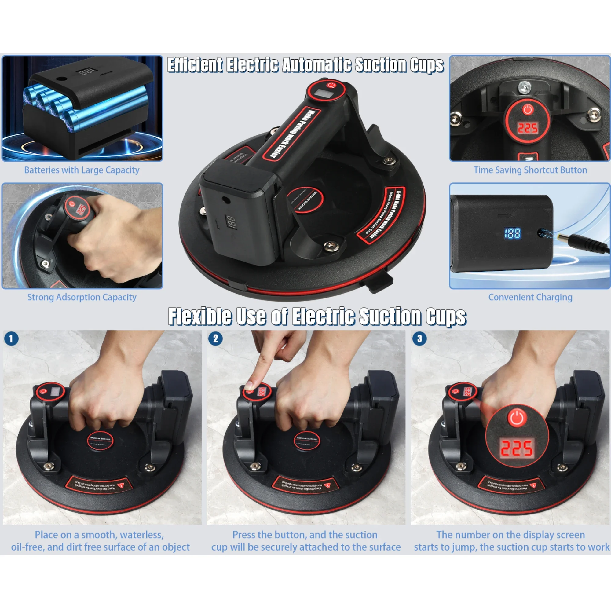 Ventosas de vidro motorizadas, ventosas de bateria removíveis a vácuo de 8 polegadas, convenientes e práticas, manuseio