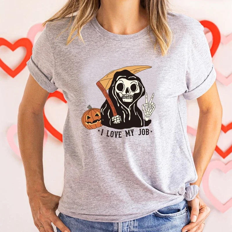 

2024 I Love My Job Harajuku Women T Shirt Causal Loose O Neck Halloween Clothes Funny Skull Skeleton T-shirt Female Kawai