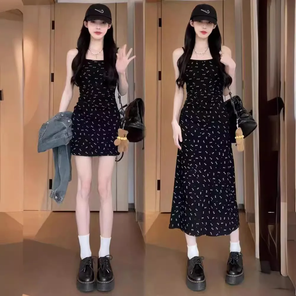 JHJN Sommerkleider für Damen, große Größen, schwarzes Blumen-Neckholder-Kleid für Mädchen, 2024, neuer Stil, dünne lange Kleider, Damenbekleidung, Vestidos