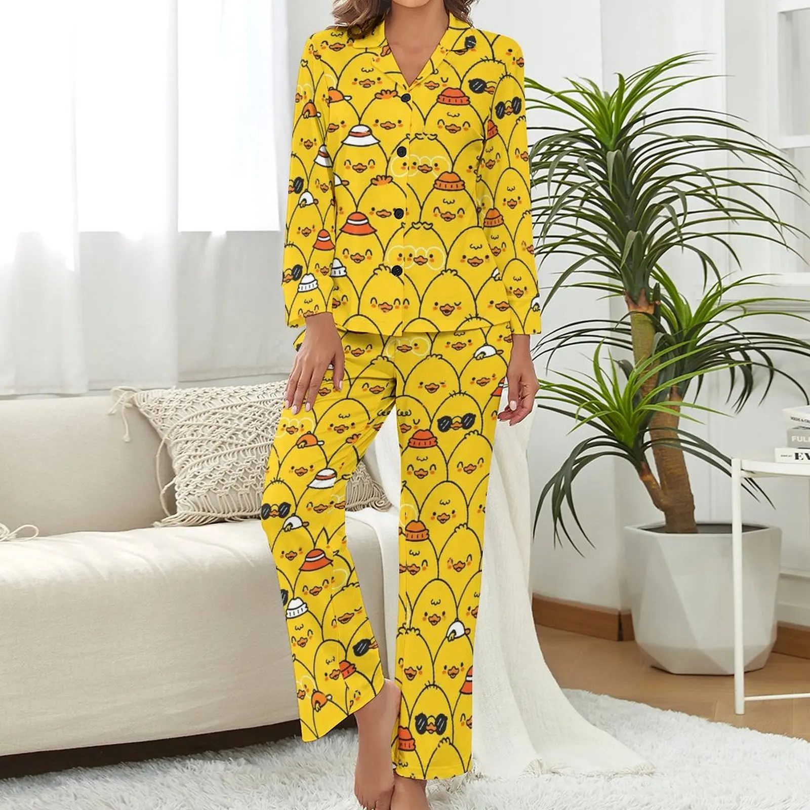 Yellow Ducks Pajamas Funny Ducklings Night V Neck Nightwear Lady Two Piece Custom Long Sleeve Fashion Pajama Sets