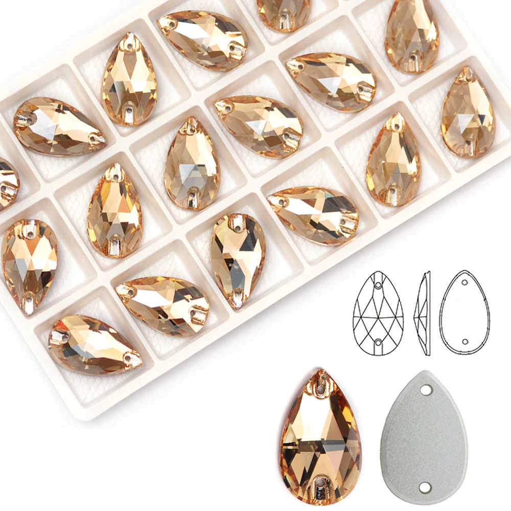 Crystal Golden Shadow Sew On Strass Pear drop Flat back Rhinestones Glass Crystal Beads Garment Shoes Bags Clothes