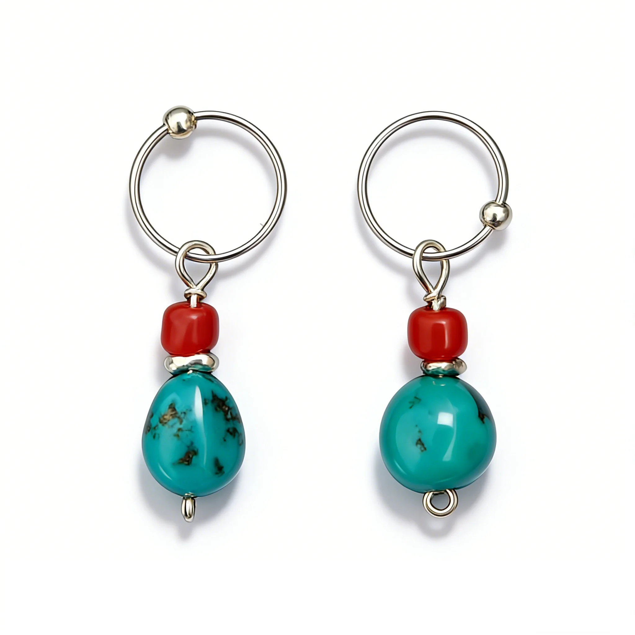 

Handmade Unique Design Hoop Earrings, Natural Hubei Turquoise & Red Beads, Nepal/Tibet Artisan Crafted Asymmetric Boho No Copy