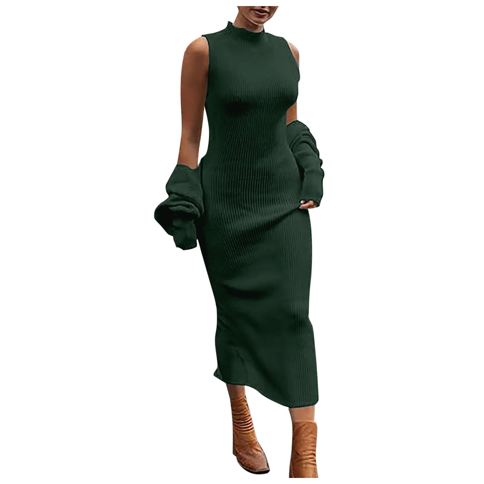 Women Autumn 2 Piece Outfits Bodycon Dress Round Neck Tank Pullover Sweater Dress Long Sleeve Cropped Slim Cardigan Knit Sets