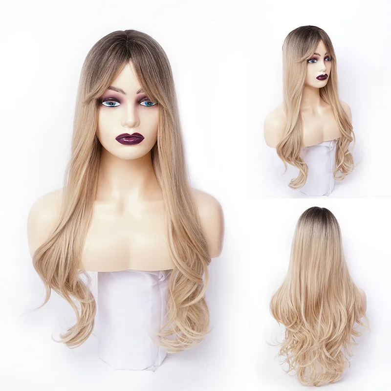 

Hot new product wind eight bangs brown gradual change blonde long curly hair female wigs