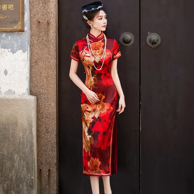 Improved High-End Quality Real Silk Cheongsam Qipao Women's Retro Dress Long Chinese Chi-Pao