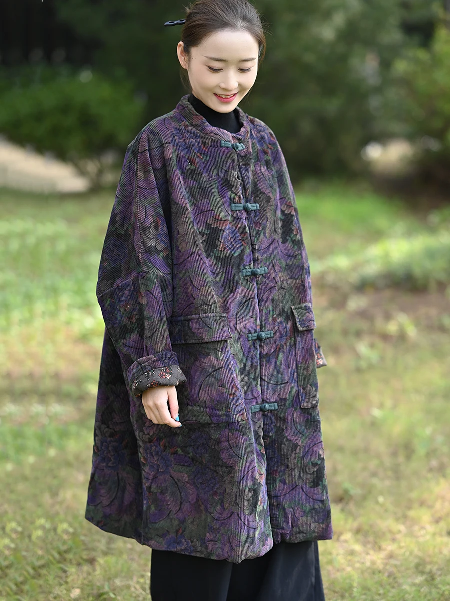 

100% Cotton Women Casual Parkas New 2025 Autumn Chinese Style Vintage Floral Print Loose Female Oversized Long Coats M2080