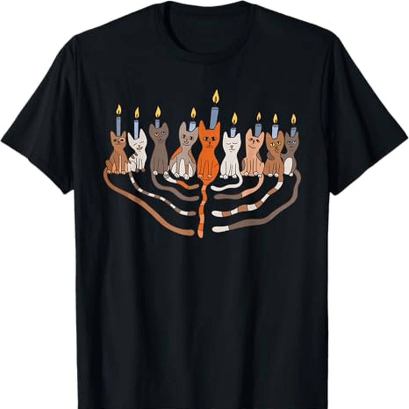 

Funny Hanukkah Cat Menorah T-Shirt 100% Cotton O-Neck Short Sleeve Summer Casual Mens T-shirt Streetwear