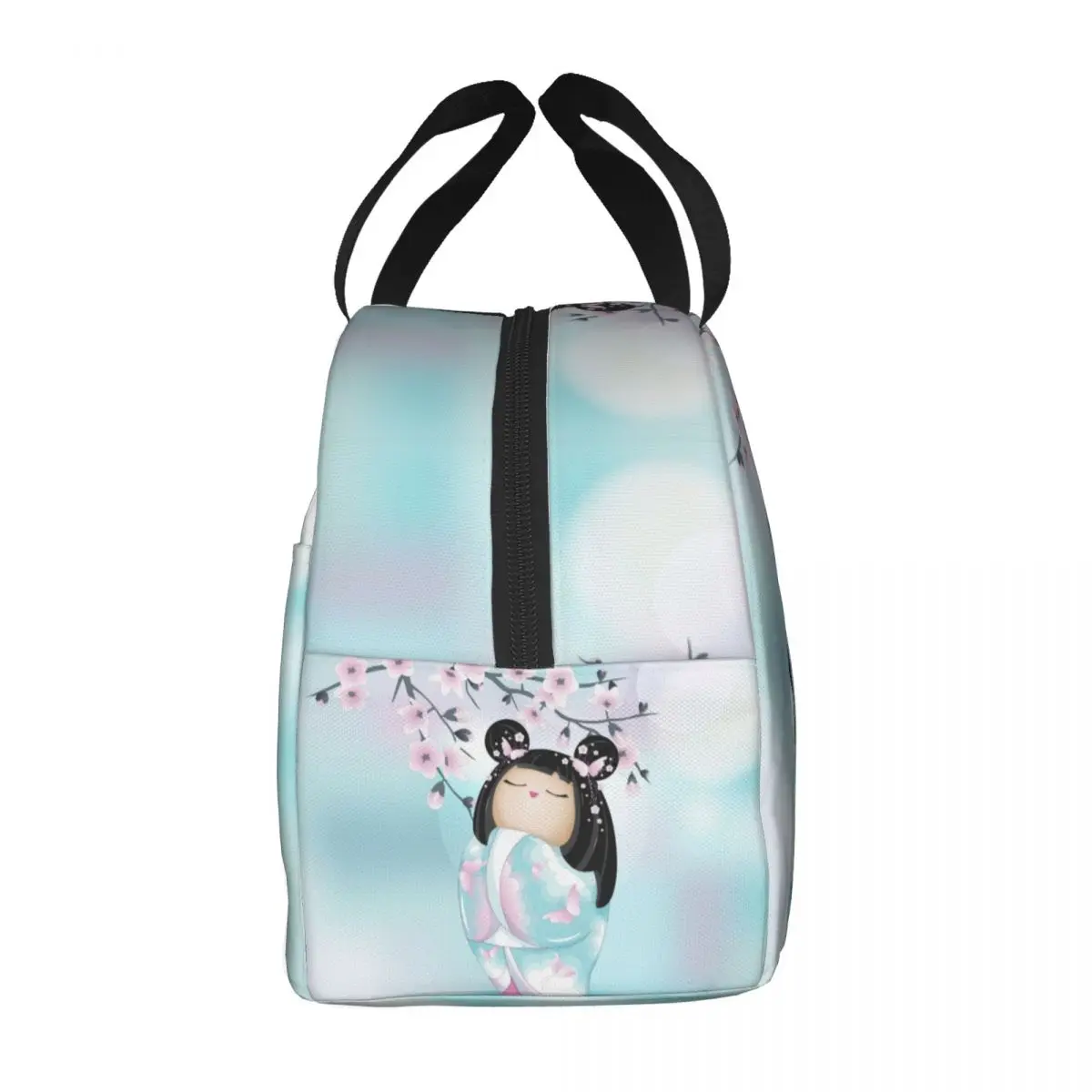 Kokeshi Doll Cherry Blossoms Insulated Lunch Bag Reusable Cooler Thermal Bento Box Women Food Container Tote Bags